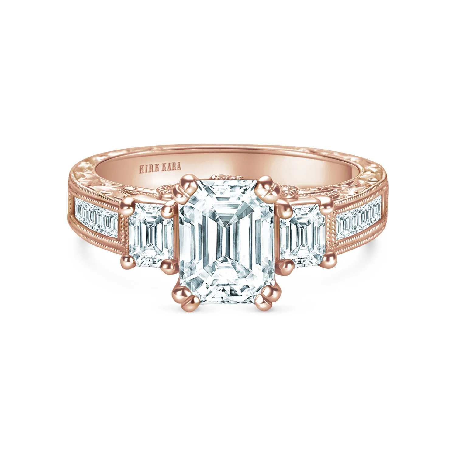 Three Stone Engraved Baguette Accent Diamond Engagement Ring sold by Kirk Kara product image thumbnail 4