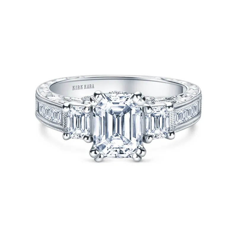 Three Stone Engraved Baguette Accent Diamond Engagement Ring sold by Kirk Kara