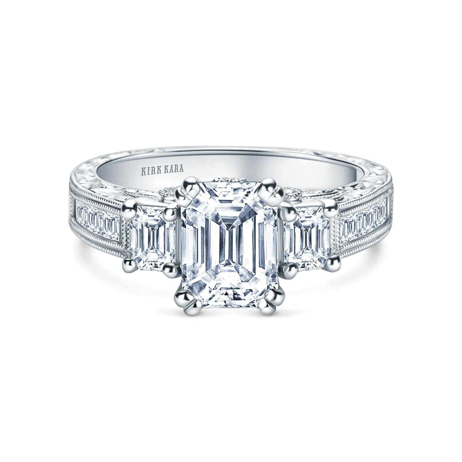 Three Stone Engraved Baguette Accent Diamond Engagement Ring sold by Kirk Kara