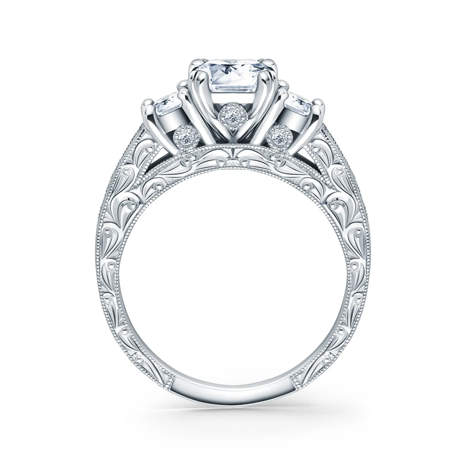 Three Stone Engraved Baguette Accent Diamond Engagement Ring sold by Kirk Kara product image thumbnail 3