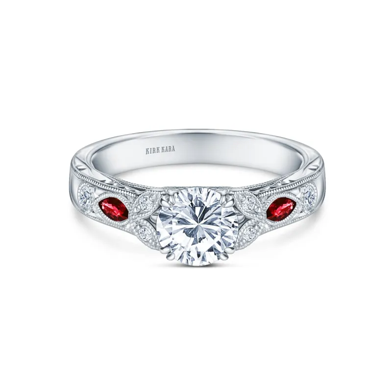Ruby Floral Diamond Engraved Engagement Ring sold by Kirk Kara