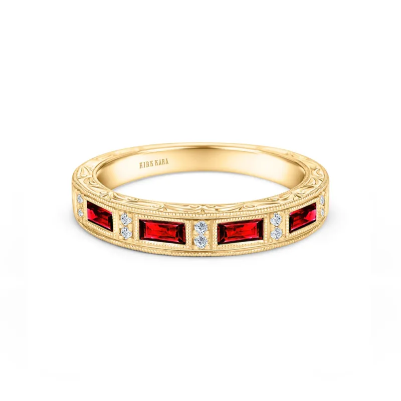 Ruby Baguette Engraved Diamond Wedding Band sold by Kirk Kara