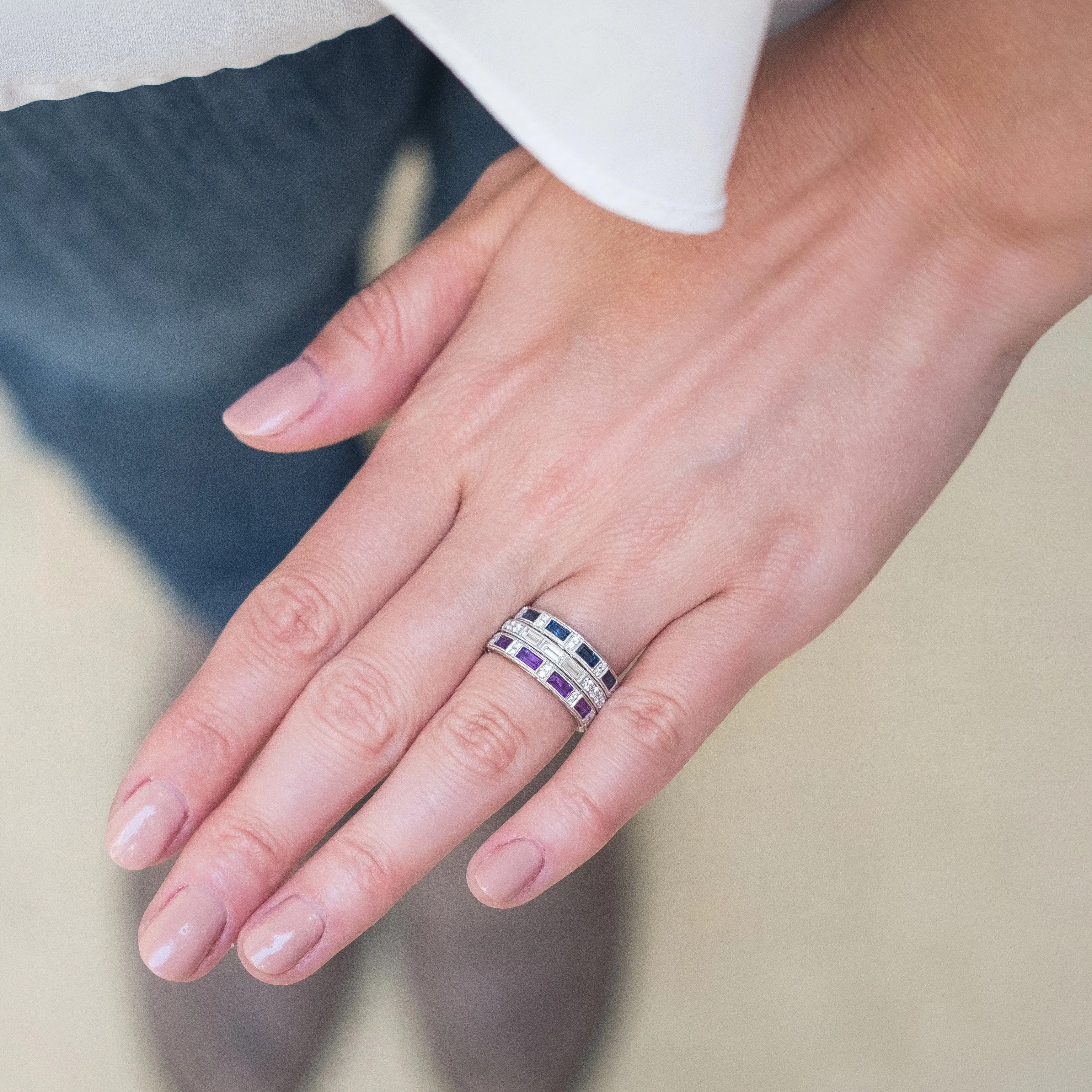 Blue Sapphire Baguette Engraved Diamond Wedding Band sold by Kirk Kara product image thumbnail 2