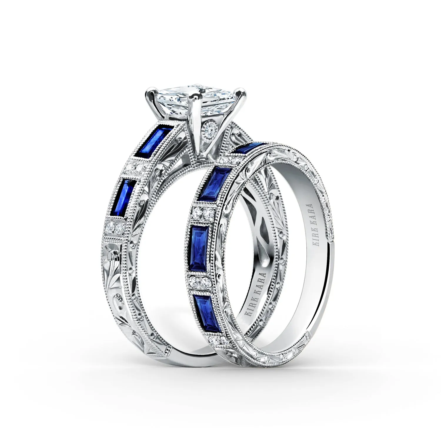 Blue Sapphire Baguette Engraved Diamond Wedding Band sold by Kirk Kara product image thumbnail 5