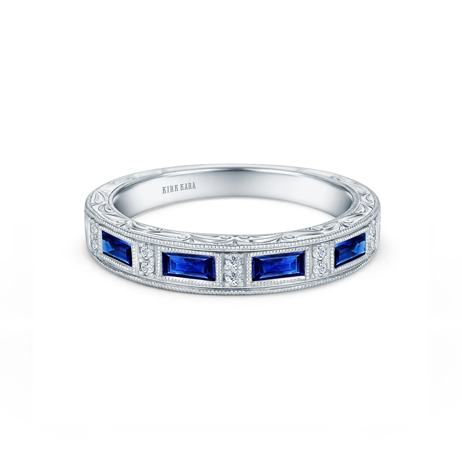 Blue Sapphire Baguette Engraved Diamond Wedding Band sold by Kirk Kara