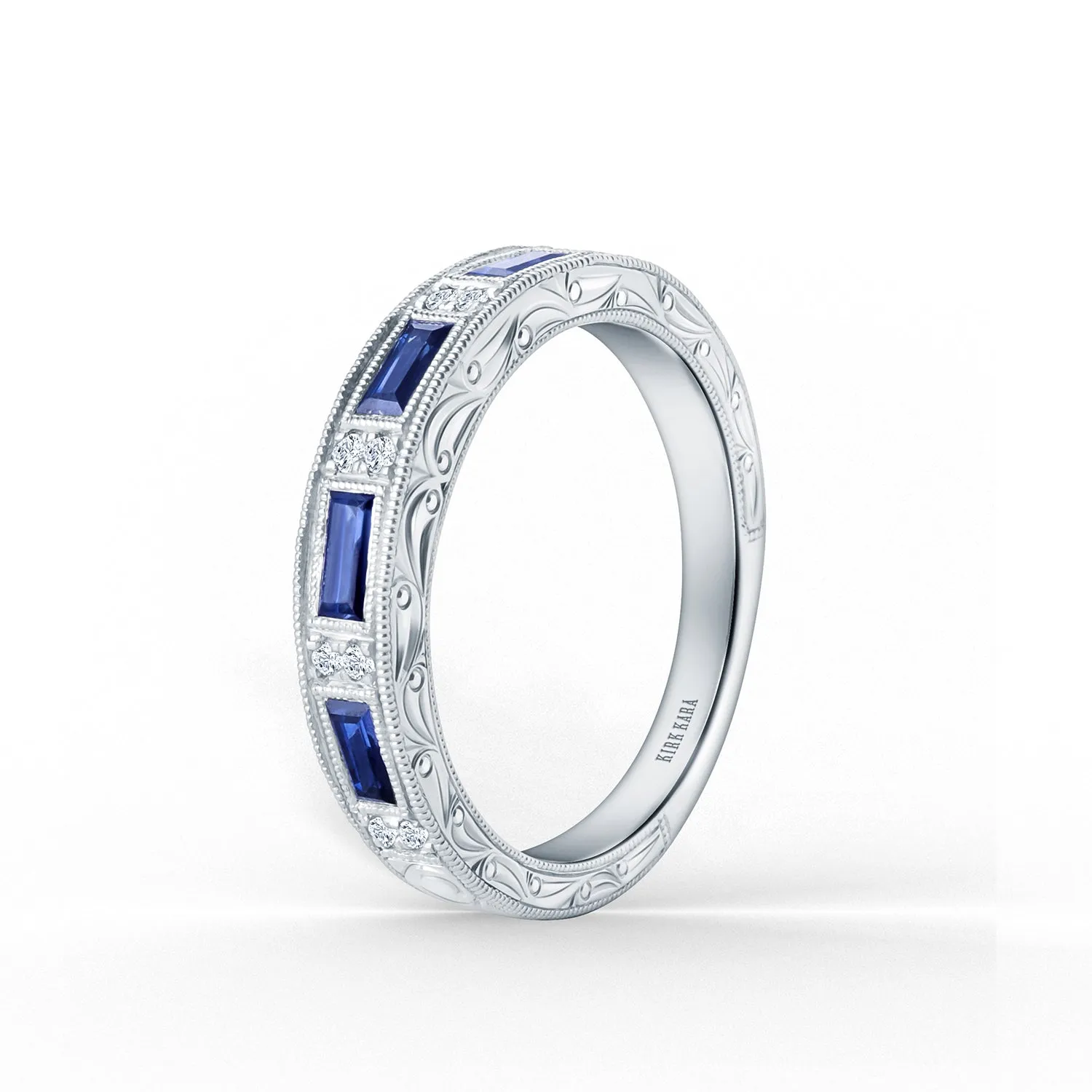 Blue Sapphire Baguette Engraved Diamond Wedding Band sold by Kirk Kara product image thumbnail 4