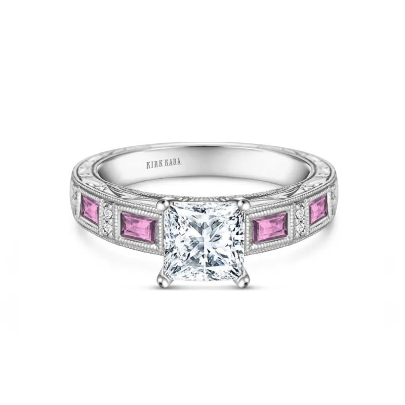 Pink Sapphire Baguette Engraved Cathedral Diamond Engagement Ring sold by Kirk Kara