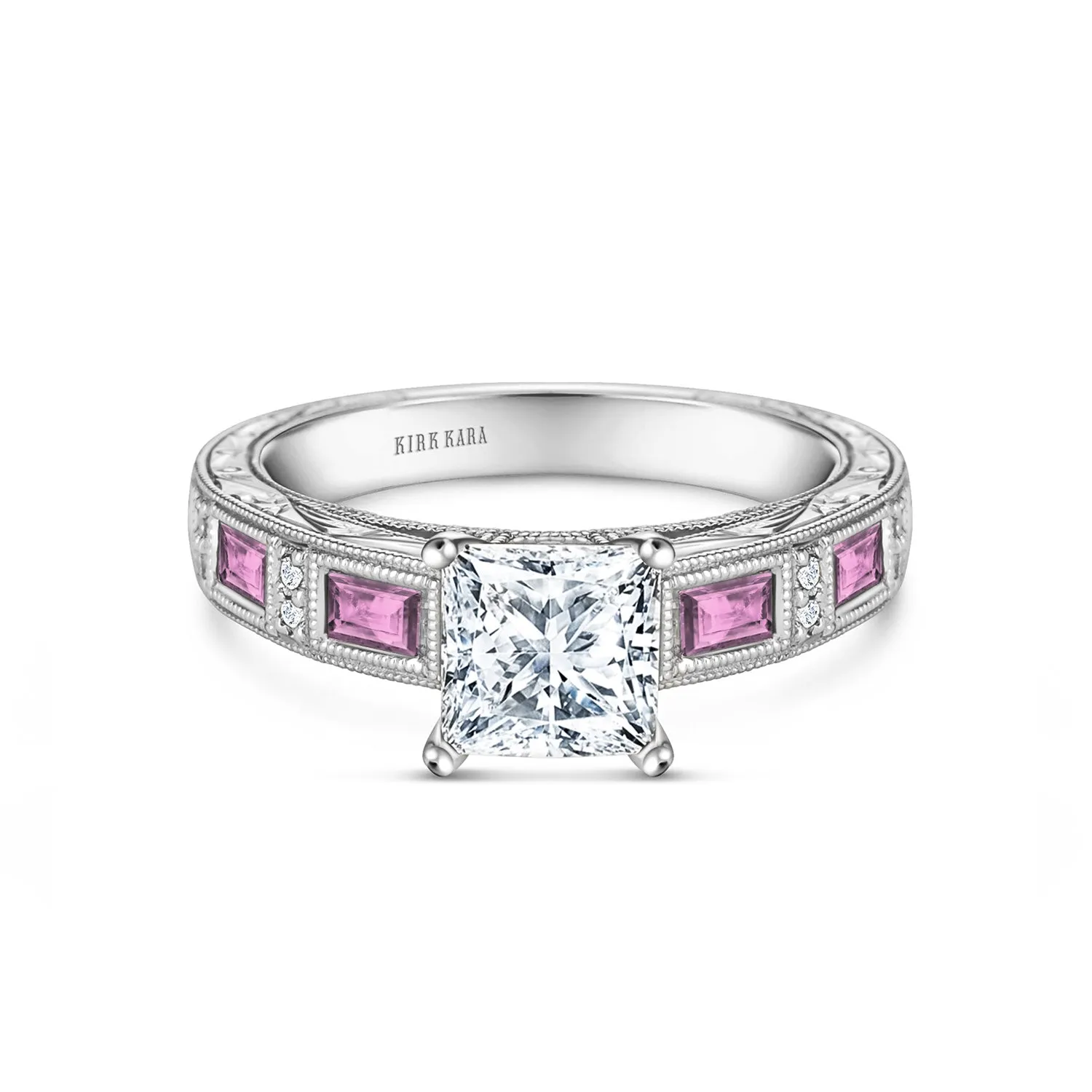 Pink Sapphire Baguette Engraved Cathedral Diamond Engagement Ring sold by Kirk Kara
