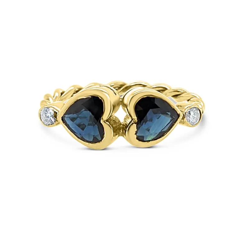 14K Yellow Gold Diamond Natural Blue Heart Sapphire Twist Ring sold by Kirk Kara