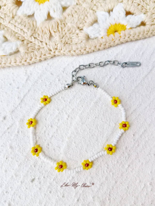 Adjustable Drawstring Beaded Bracelet White Daisy sold by Like My Choice