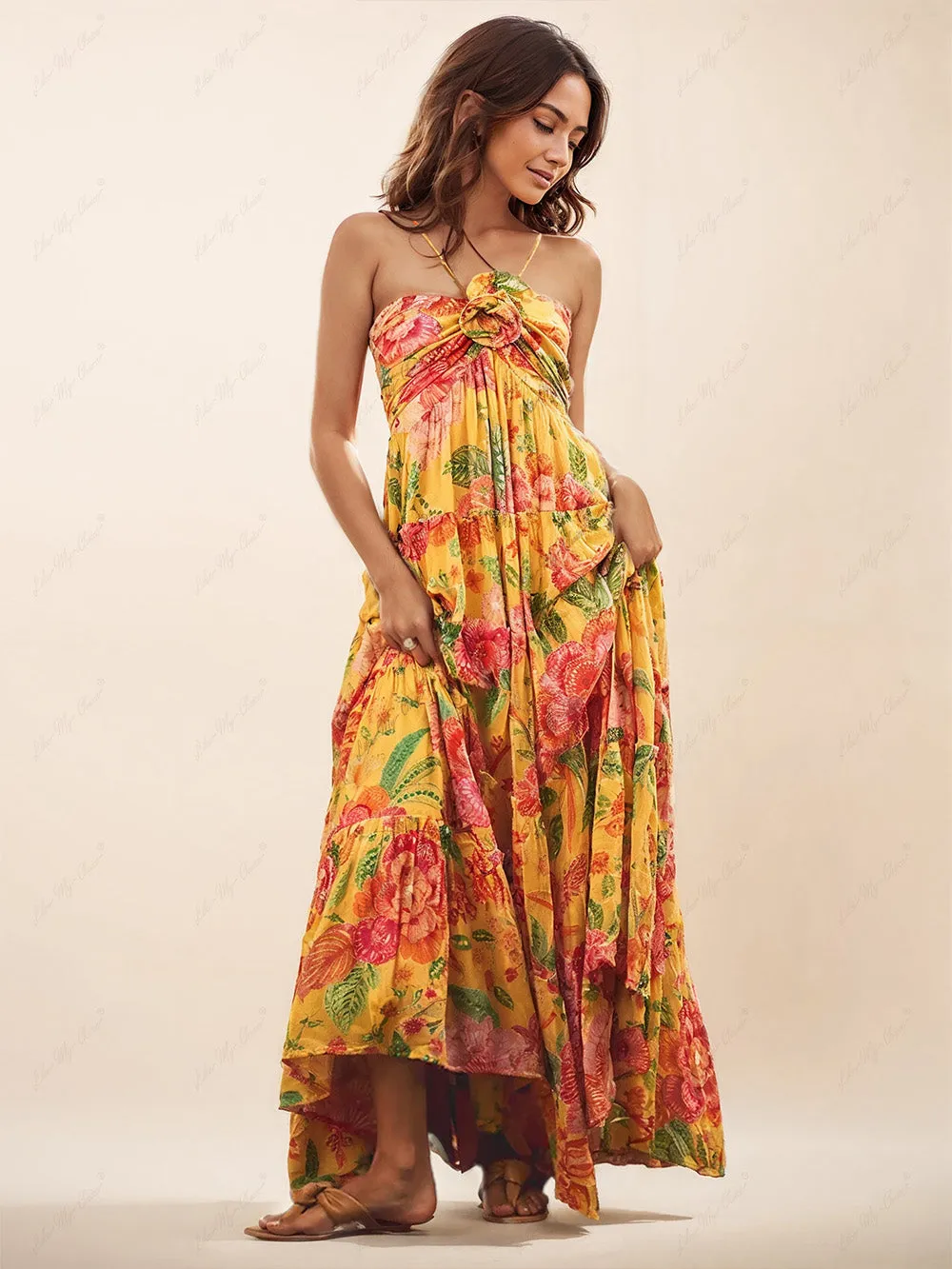 Hanging Neck Printed Floral Design Backless Straight Maxi Dress sold by Like My Choice