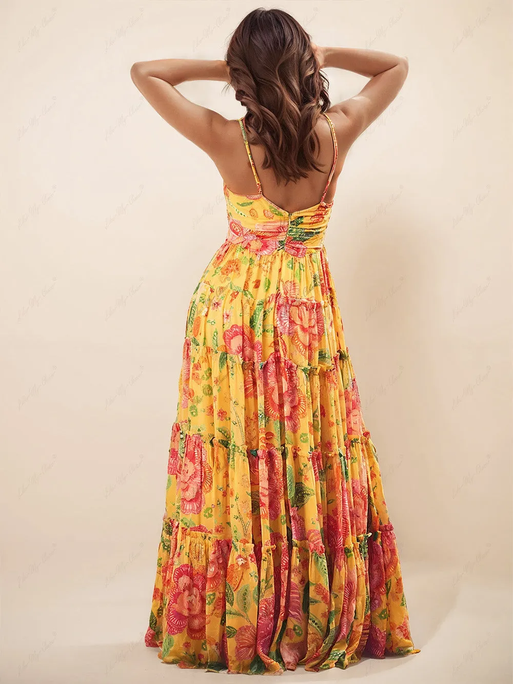 Hanging Neck Printed Floral Design Backless Straight Maxi Dress sold by Like My Choice product image thumbnail 3