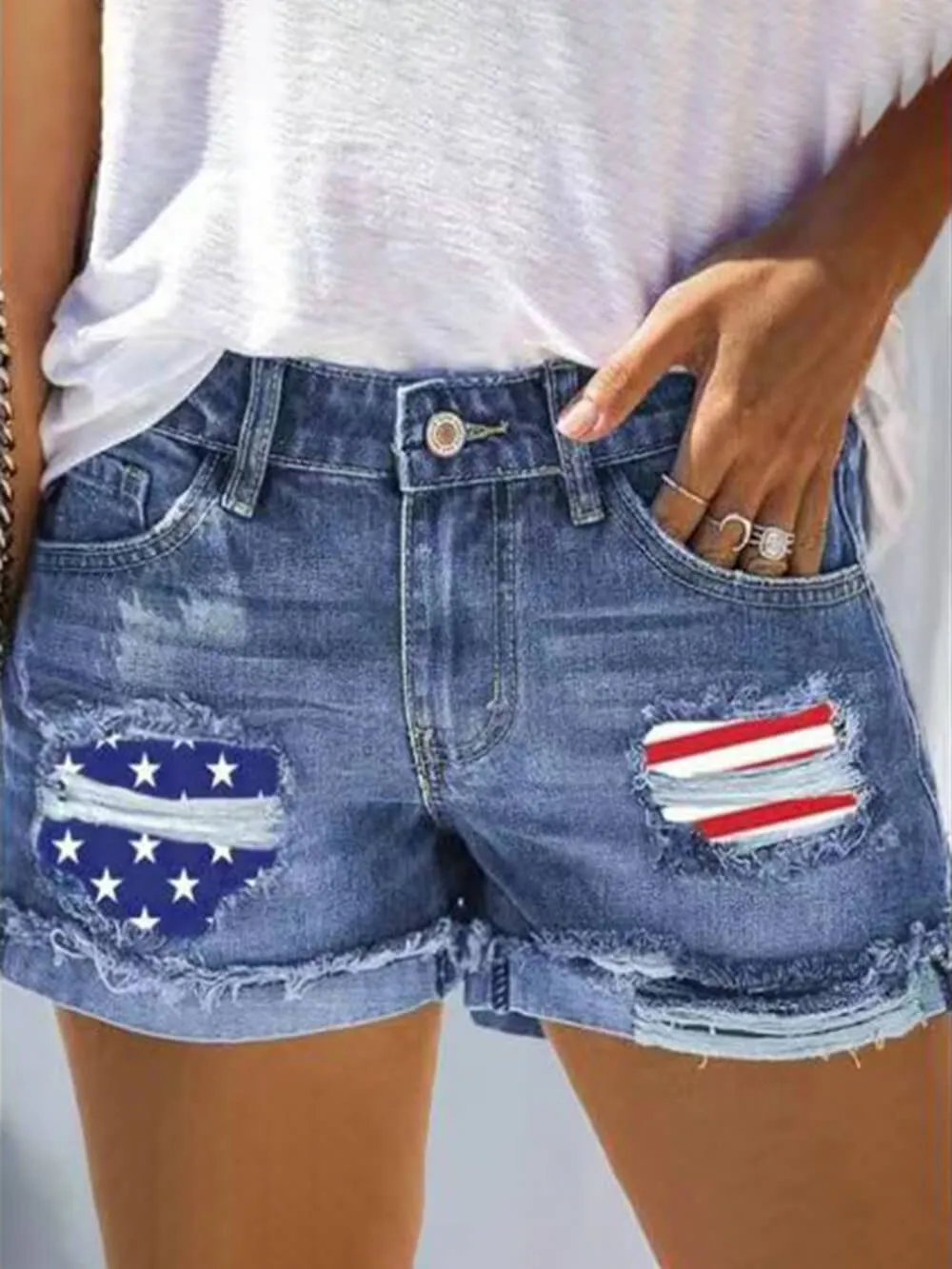 Flag Cuffed Ripped Straight Denim Shorts sold by Like My Choice
