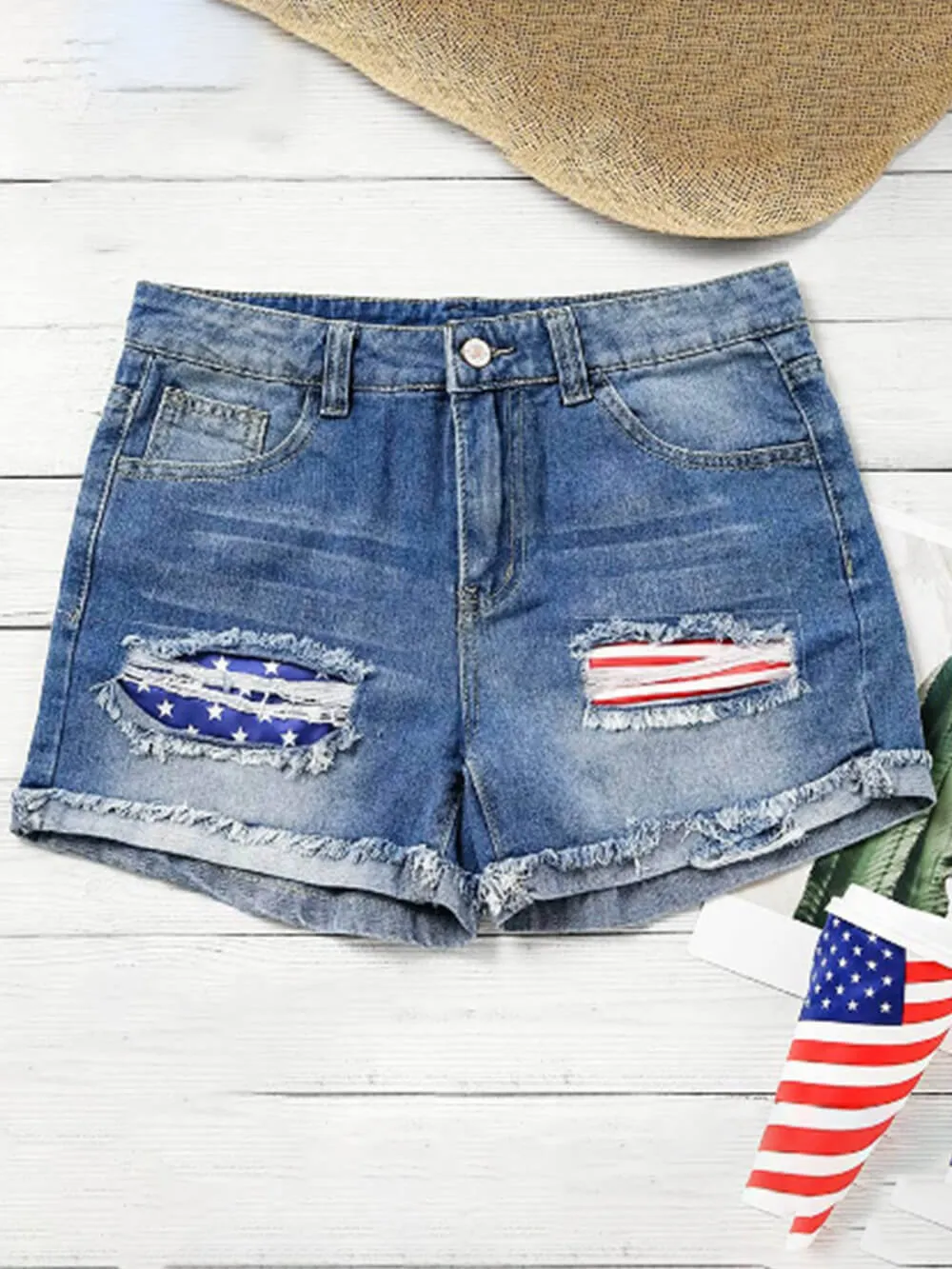 Flag Cuffed Ripped Straight Denim Shorts sold by Like My Choice product image thumbnail 2