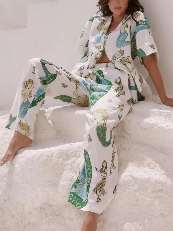 Mermaid Print Short-Sleeved Shirt And Wide-Leg Pants Two-Piece Set sold by Like My Choice