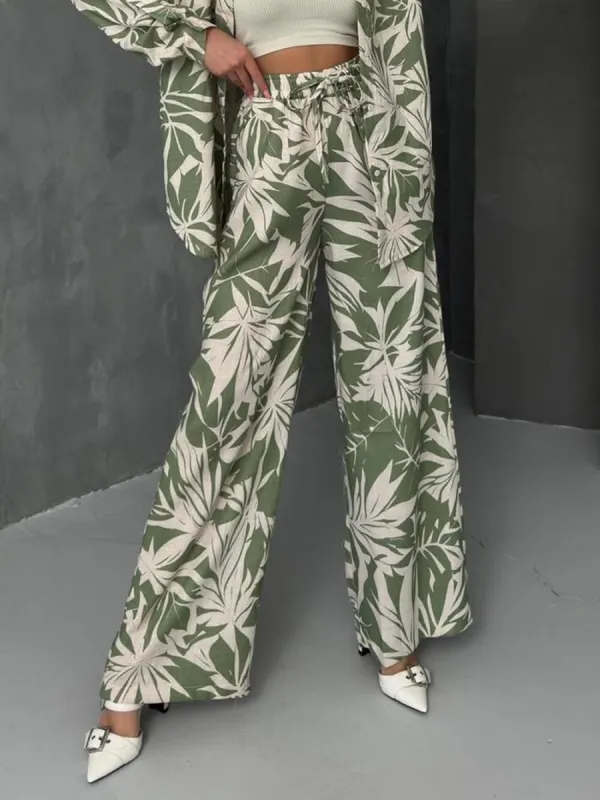 Palm Leaf Printed Elastic Waist Wide Leg Pants sold by Like My Choice