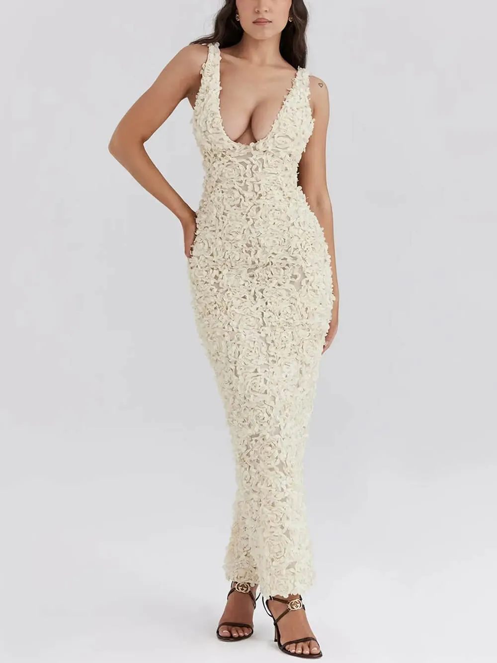 Party Rose Floral Applique Slit Pencil Maxi Dress sold by Like My Choice