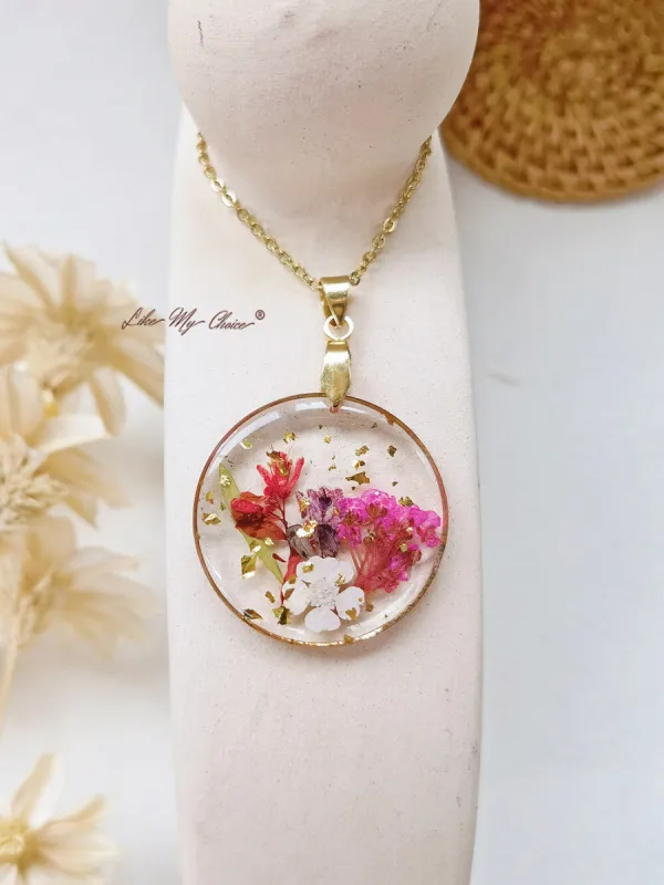 Handmade Birth Flower Bouquet Pressed Resin Pendant Necklaces-April flower sold by Like My Choice