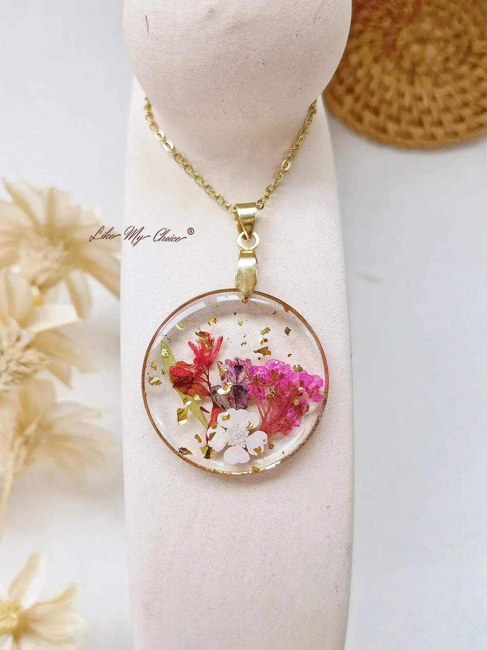 Handmade Birth Flower Bouquet Pressed Resin Pendant Necklaces-April flower sold by Like My Choice