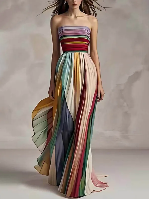 Elegant Striped Printed Off-shoulder Pleated Bandeau Maxi Dress sold by Like My Choice