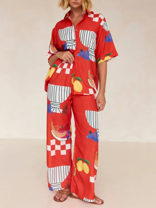 Unique Fruit Print Holiday Loose Shirt Wide Leg Pants Suit sold by Like My Choice
