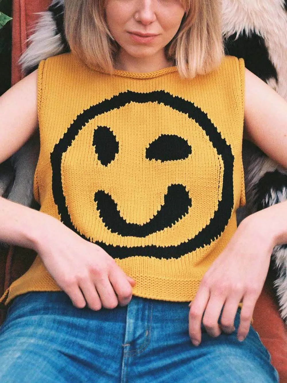 Happy Face Knit Unique Pattern Versatile Loose Tank Top sold by Like My Choice