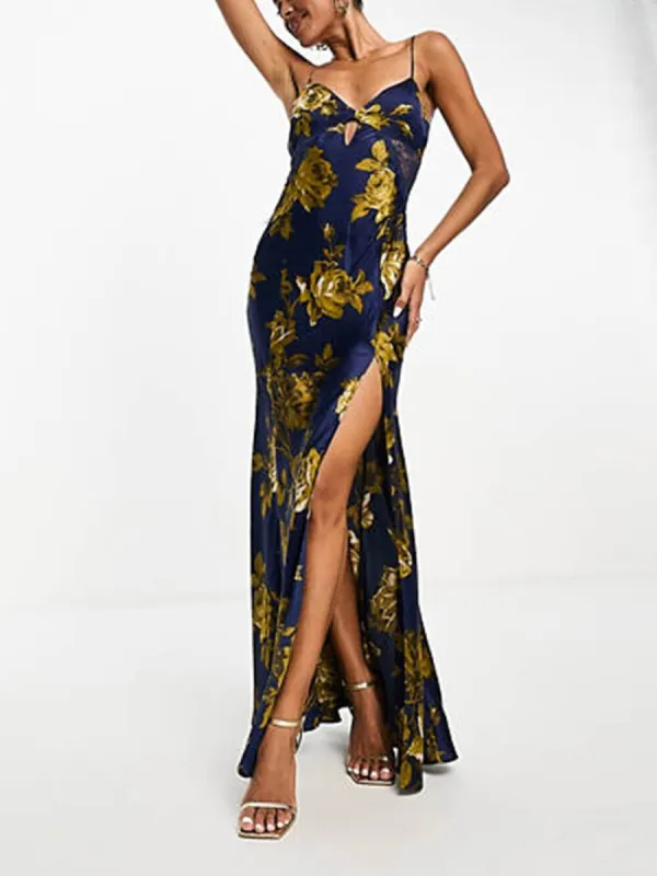 Navy Printed Satin Lace Maxi Dress sold by Like My Choice