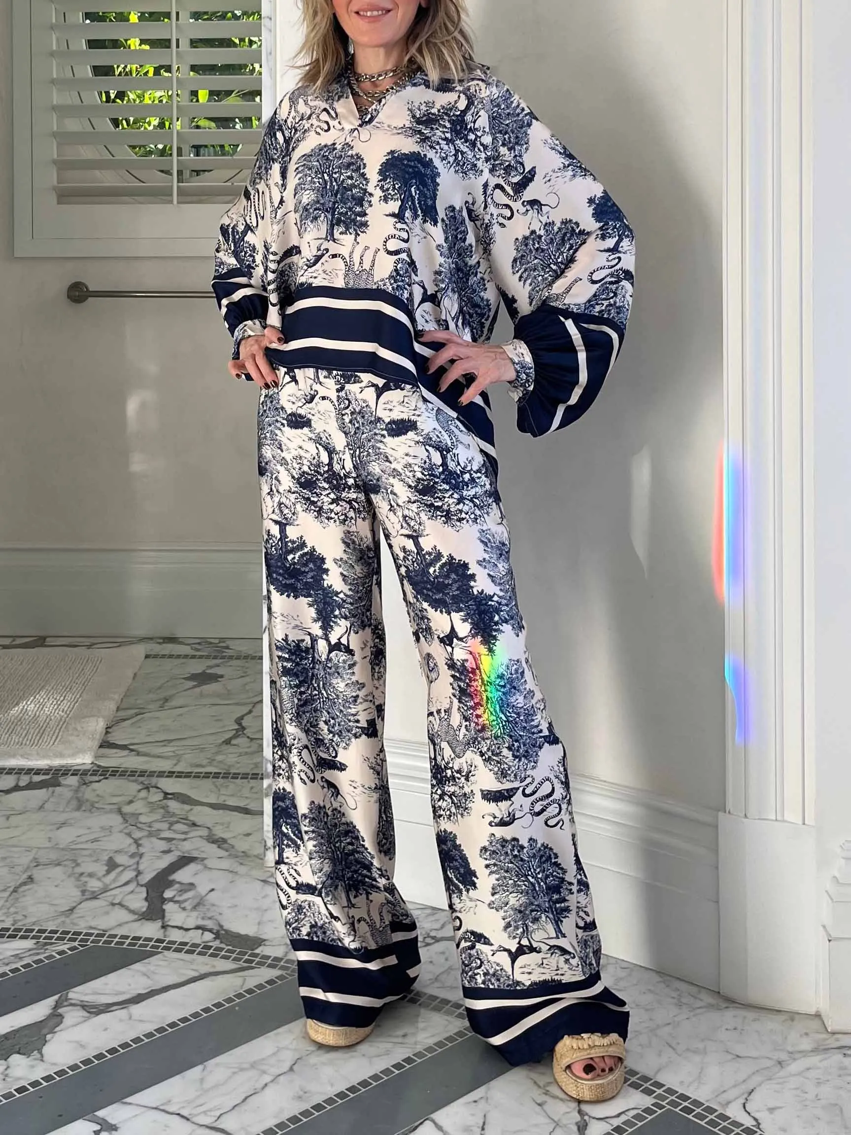 Satin Jungle Floral Print Loose Wide-Leg Pants sold by Like My Choice product image thumbnail 4