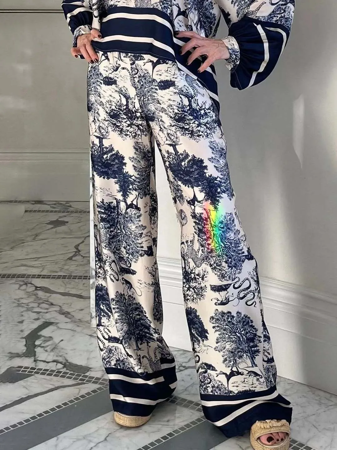 Satin Jungle Floral Print Loose Wide-Leg Pants sold by Like My Choice