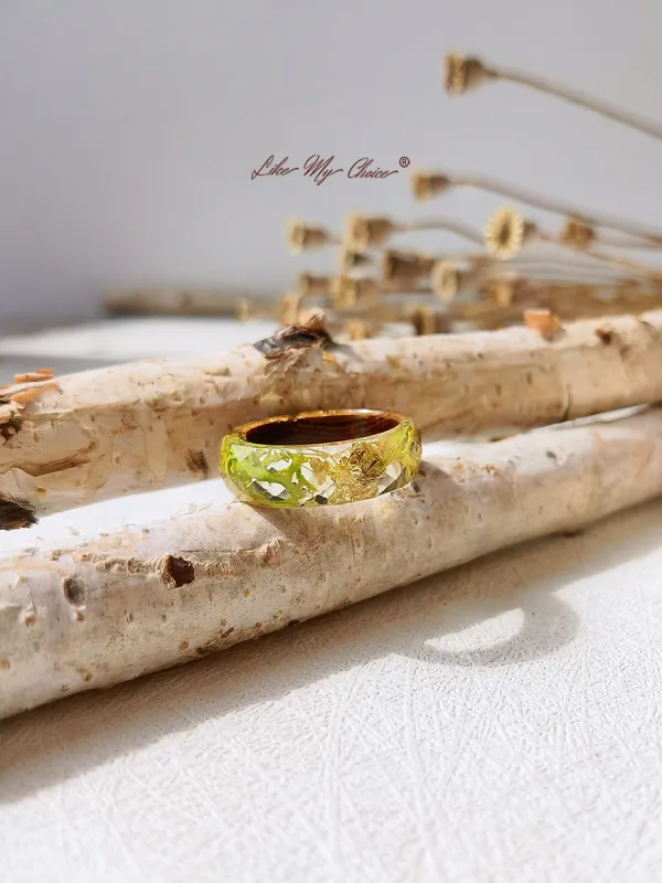 Handmade Dried Flower Inlaid Resin Ring-Gold Foil Seaweed sold by Like My Choice