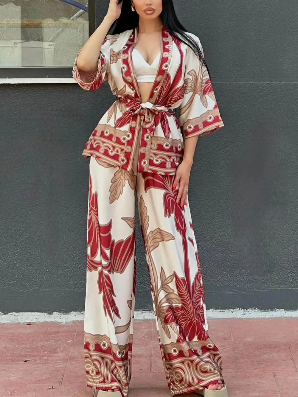 Exquisite Hazelnut Flower Print Elastic Pocket Wide-Leg Pants sold by Like My Choice product image thumbnail 2