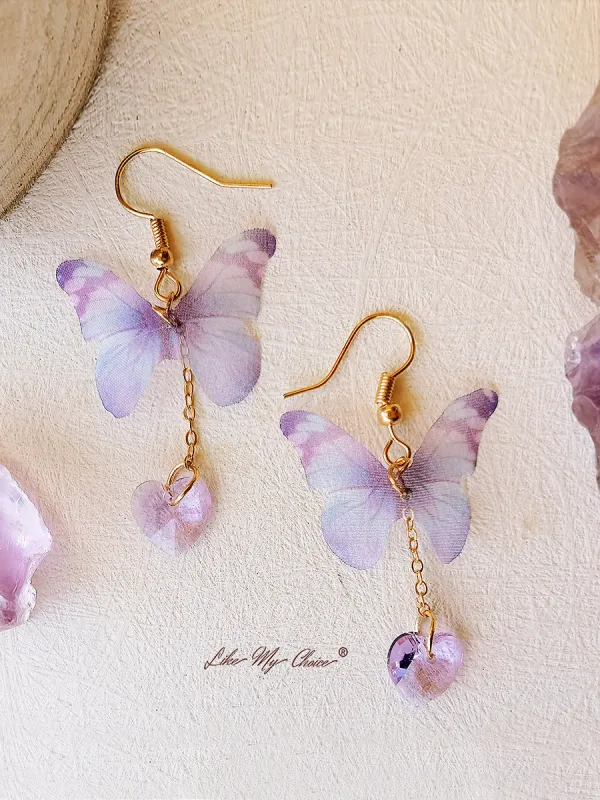 Purple Butterfly and Heart Gem Drop Earrings sold by Like My Choice