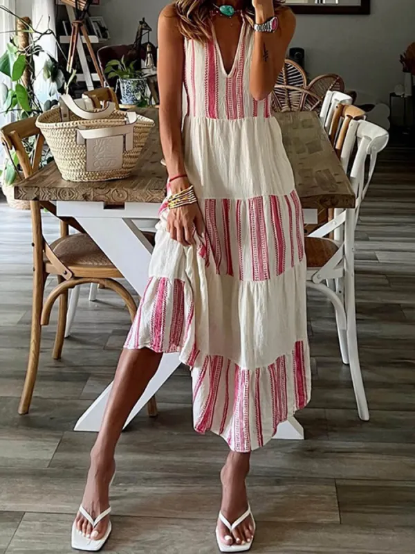 Stylish Striped Printed V-Neck Sleeveless Midi Dress sold by Like My Choice
