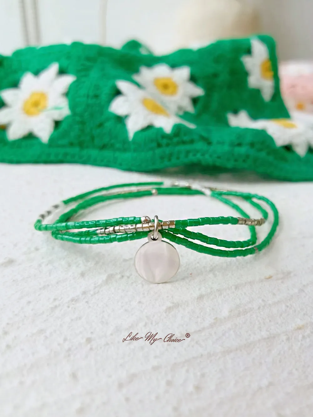 Adjustable Drawstring Beaded Bracelet Emerald Silver Pearl sold by Like My Choice