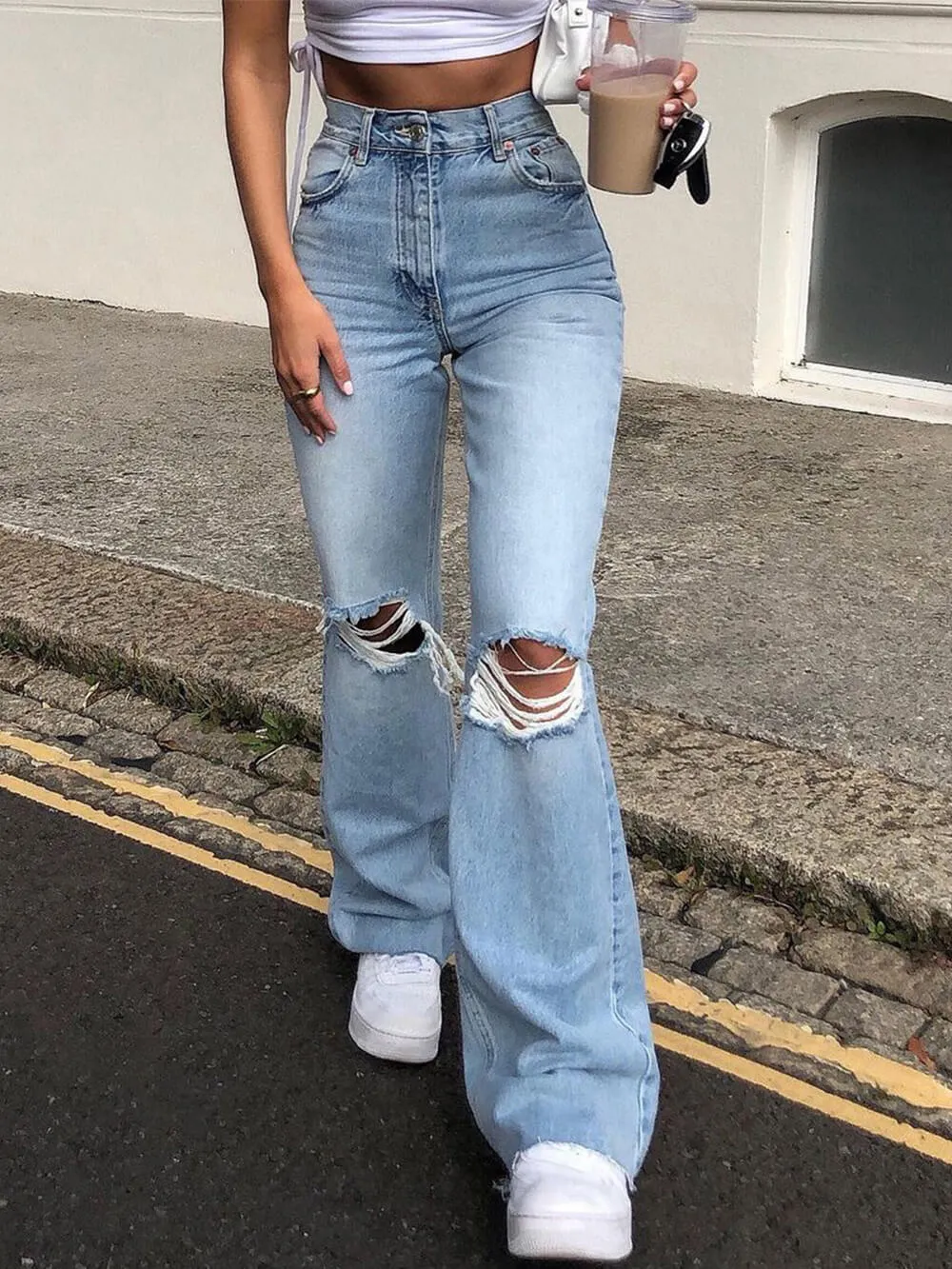 Wide-Leg Ripped Bootcut Jeans sold by Like My Choice