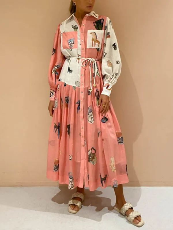 Unique Print Balloon Sleeve Pocket Belt Shirt Midi Dress sold by Like My Choice