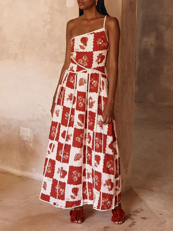 Floral Trim Unique Printed One Shoulder Flared Maxi Dress sold by Like My Choice
