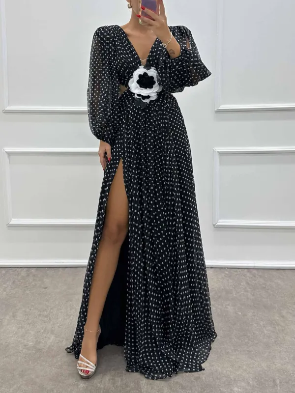 Elegant Classic Polka Dot V-Neck Slit Maxi Dress sold by Like My Choice