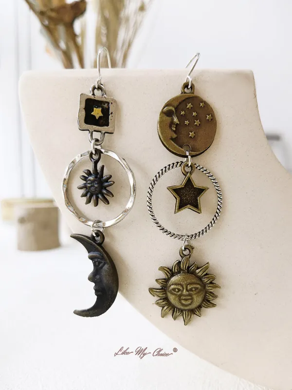 Boho Bronze Pendant Crescent Sun Star Earrings sold by Like My Choice