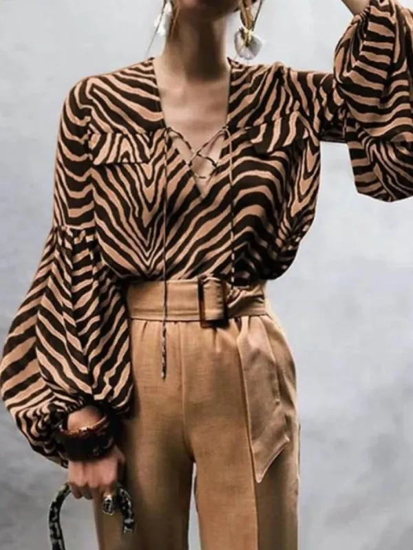 Zebra Print V-Neck Tie Long Sleeve Shirt sold by Like My Choice