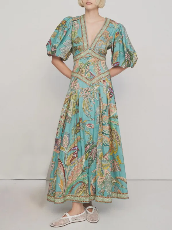 Unique Satin Vintage Floral Print Puff Sleeve Midi Dress sold by Like My Choice