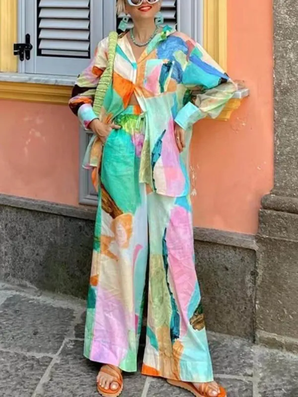 Casual Printed Shirt Collar Loose Long Sleeve Two-Piece Set sold by Like My Choice