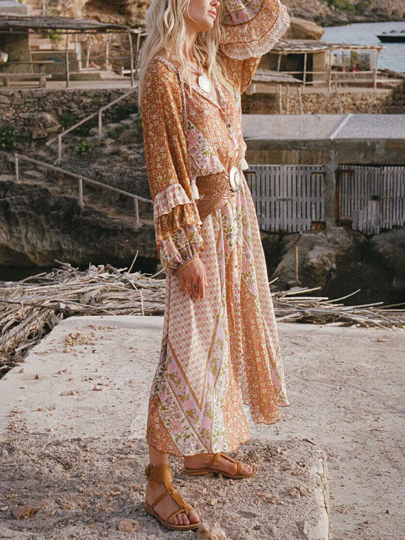 Unique Bohemian Print Long Sleeve Robe Midi Dress sold by Like My Choice product image thumbnail 3