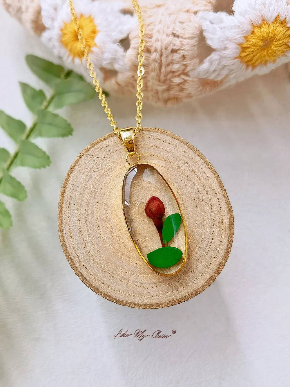 Natural Rosebud Resin Pressed Flower Botanical Pendant Oval Necklace sold by Like My Choice product image thumbnail 5