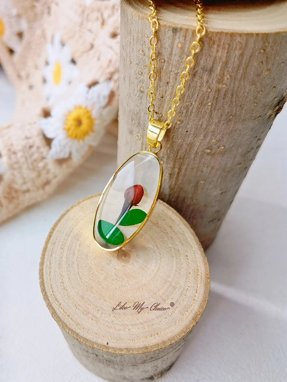 Natural Rosebud Resin Pressed Flower Botanical Pendant Oval Necklace sold by Like My Choice product image thumbnail 2