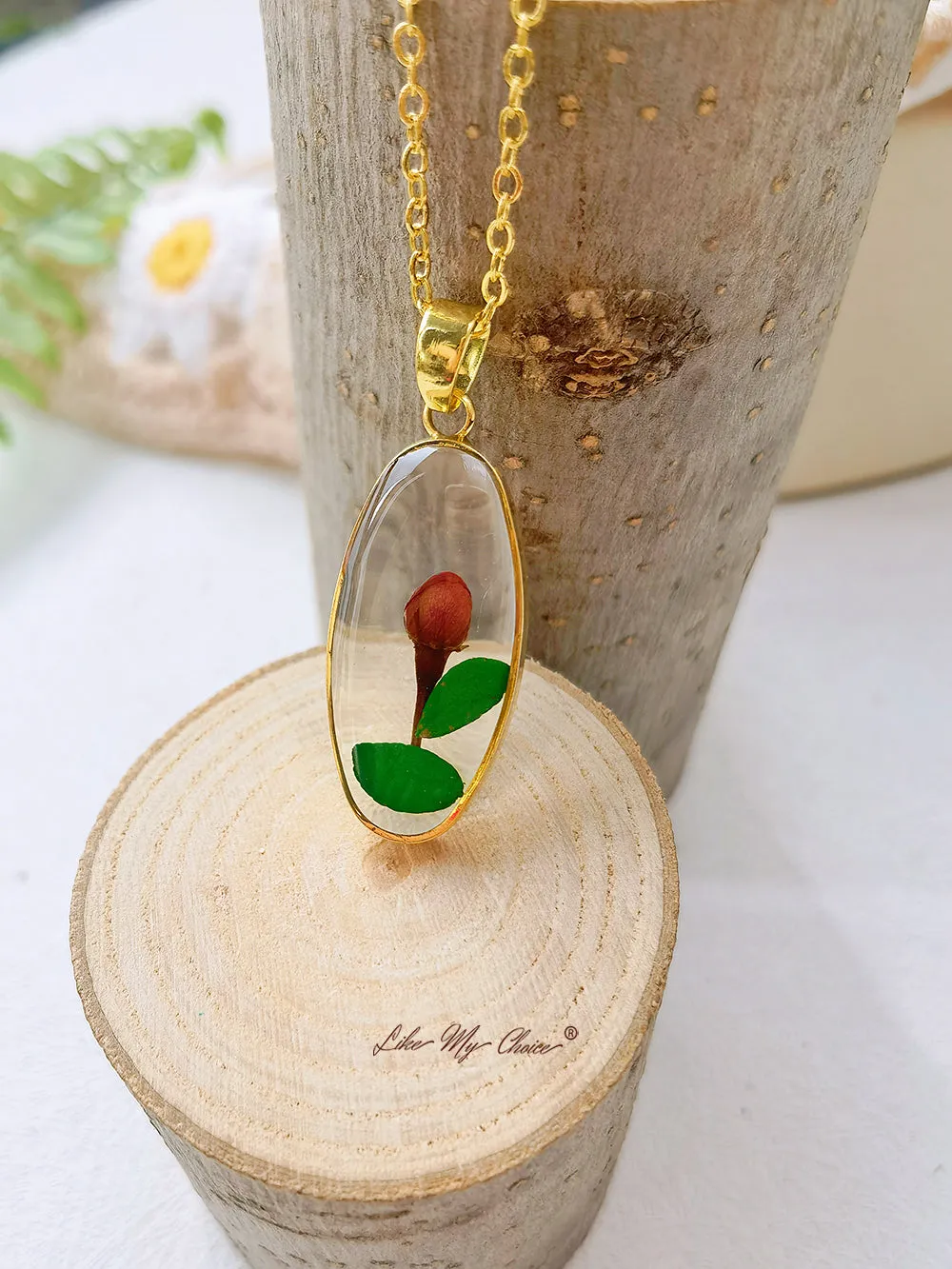 Natural Rosebud Resin Pressed Flower Botanical Pendant Oval Necklace sold by Like My Choice product image thumbnail 3