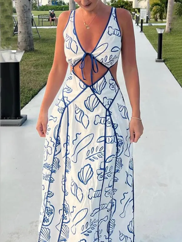 Unique Print Cutout Tie-Up Backless Maxi Dress sold by Like My Choice