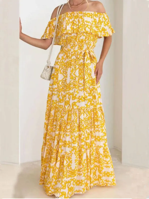 One-Shoulder Short-Sleeve Printed Ruffle Maxi Dress sold by Like My Choice