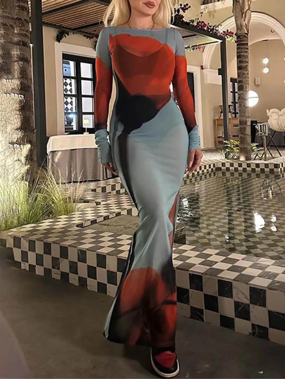 Mesh Floral Print Round Neck Long Sleeve Stretch Maxi Dress sold by Like My Choice product image thumbnail 4