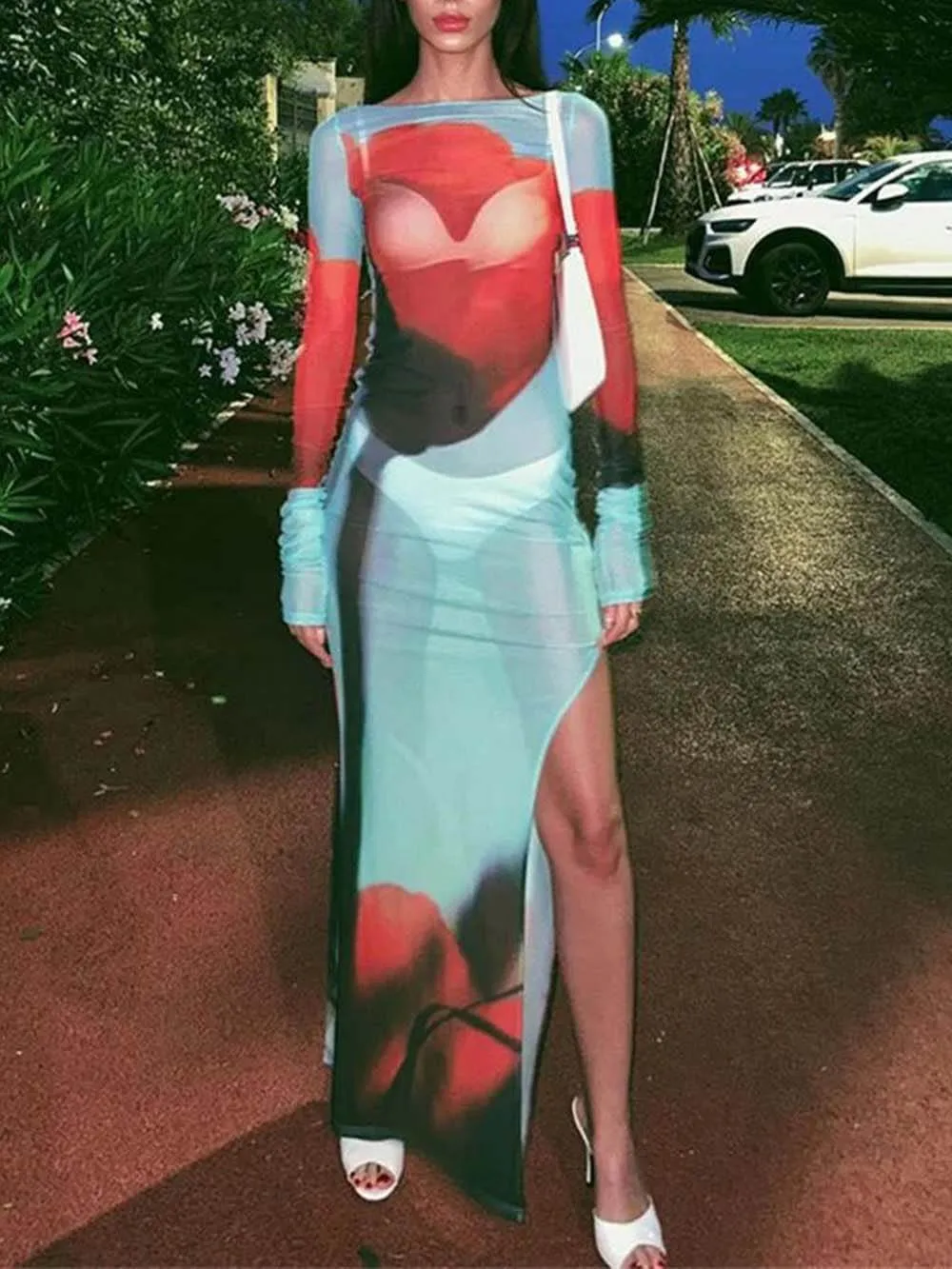 Mesh Floral Print Round Neck Long Sleeve Stretch Maxi Dress sold by Like My Choice